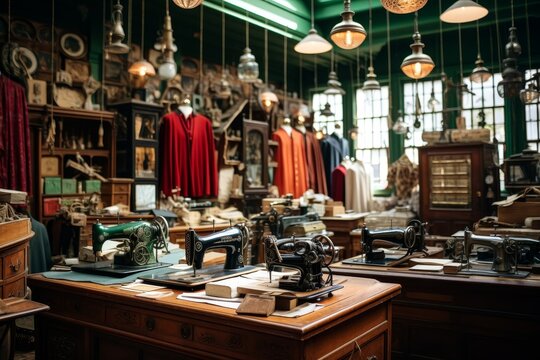 Step back in time with an intricately detailed image of a vintage haberdashery filled with antique sewing tools and vibrant threads