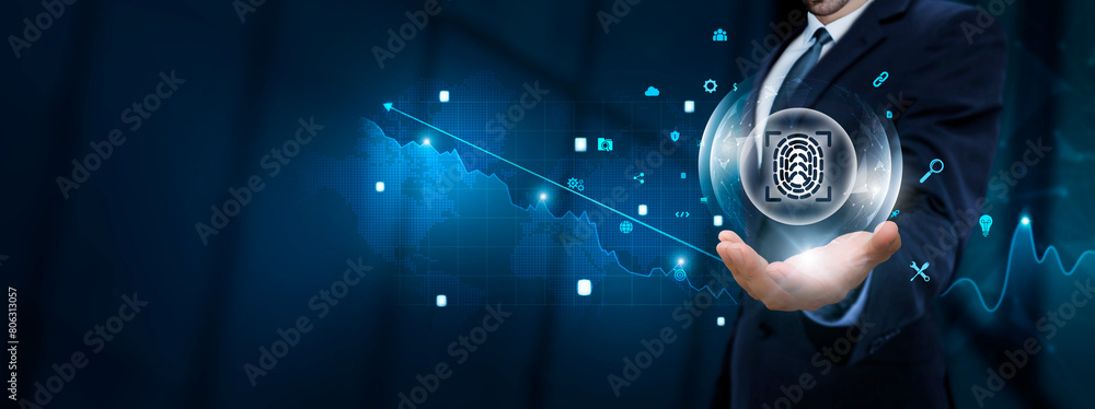 Poster biometric security: businessman hand holding biometric security icon with technological icons. authe