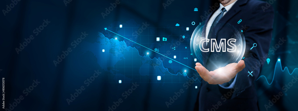 Poster cms: businessman hand holding content management system (cms) icon with technological icons. website