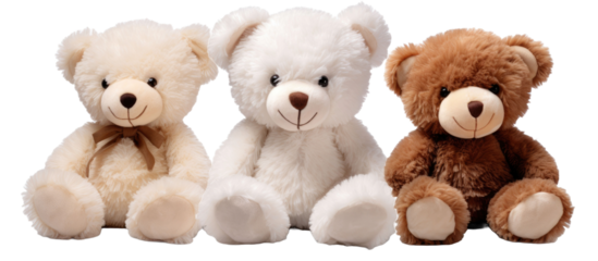 set of 3 stuffed animal toys isolated on a transparent background 