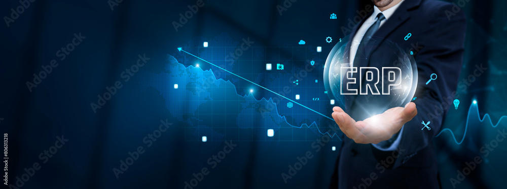 Poster erp: businessman hand holding erp icon with technological icons. streamlining processes and enhancin