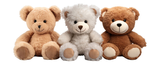 set of 3 stuffed animal toys isolated on a transparent background 
