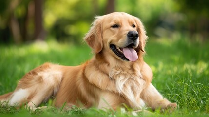 A golden retriever with tongue out laying in the grass on National Dog Day