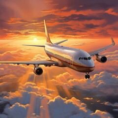 airplane flying over clouds at sunset