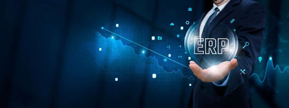 ERP: Businessman Hand Holding ERP Icon with Technological Icons. Streamlining Processes and Enhancing Efficiency, Integration, Optimization.