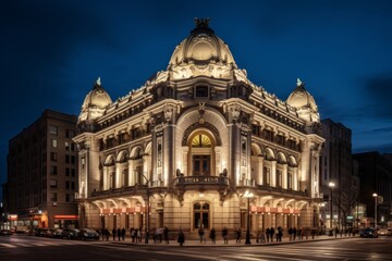 Naklejka premium Under the Bright Lights of the City Theater: An Artistic Depiction of a Nighttime Urban Scene