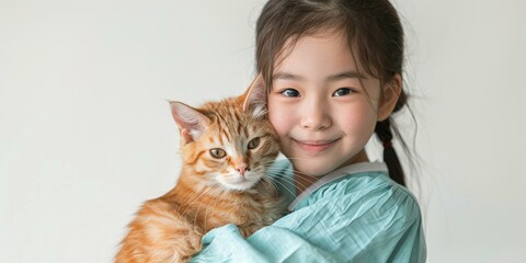 An Asian girl hugging an orange cat