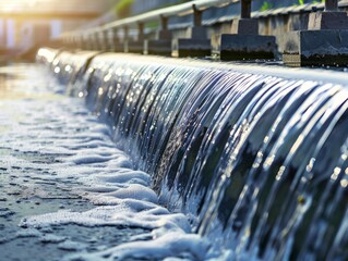 A serene scene at a water treatment facility with sunlight casting a glow over water cascading over a curved barrier, creating a sparkling and frothy effect.