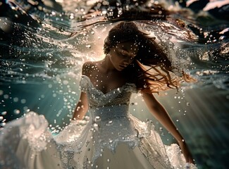 Obraz premium An underwater photo of a woman in a wedding dress