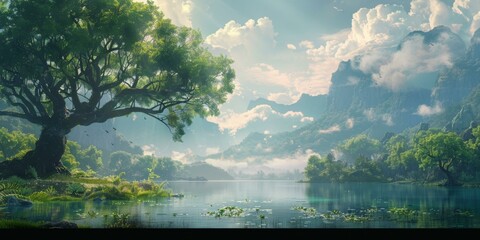 Fantasy landscape with a giant tree by a lake