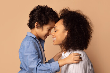 African American mother and her young child are sharing an affectionate embrace, with their...