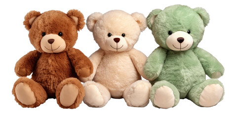 set of 3 stuffed animal toys isolated on a transparent background 