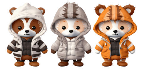 set of 3 stuffed friendly cute teddy bear , raccoon or fox and a tiger baby plushie stuffed toys wearing jackets for winter cold isolated on a transparent background