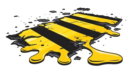 Slippery floor warning icon, cartoon style with bold caution sign, bright yellow and black stripes