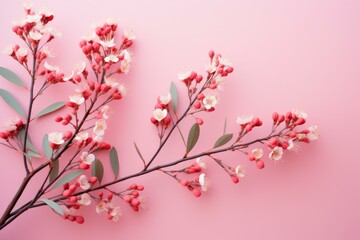 Fototapeta premium Pink cherry blossom branch on a pink background