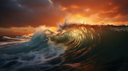 Obraz premium Ocean wave at sunset, a stormy ocean wave