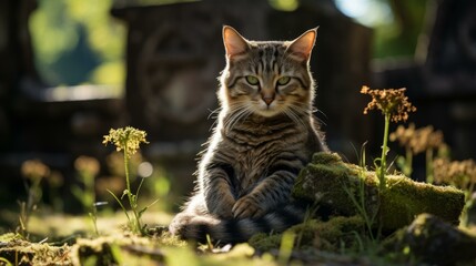 A cute cat is sitting on the mossy ground in the sunlight
