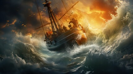 Pirate ship in stormy sea with clouds