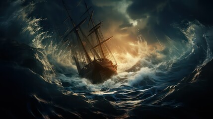 Sailing ship in stormy sea