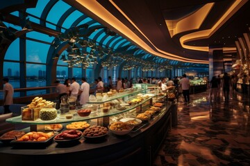 A lively evening at a seaside restaurant serving an extensive ocean seafood buffet
