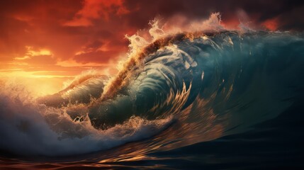 Surfing ocean wave at sunset.