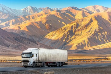White cargo truck with empty trailer on highway amidst scenic mountains and sky, in motion