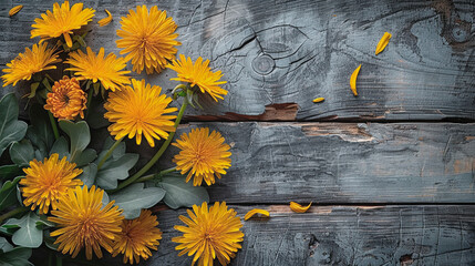  Yellow dandelions on grey wooden background. Free space for text. - Powered by Adobe