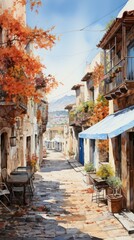 Fototapeta premium A narrow street with a blue sky and a tree with red leaves
