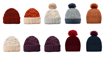 set of classic wool winter hat beanie, different colors and style, warm cold weather clothing isolated on a white transparent background