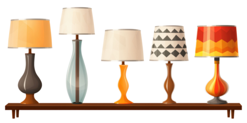 Set of different decor styles of retro vantage and modern bedside nightstand lighting table lamp for interior decoration furniture isolated on a transparent background