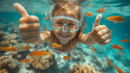 Happy child girl snorkeling in red sea surrounded by orange tropical fishes.