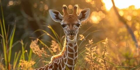 A baby giraffe standing in the middle of a tall grass field - obrazy, fototapety, plakaty