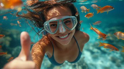 Happy woman with thumb up snorkeling in red sea surrounded by orange tropical fishes.
