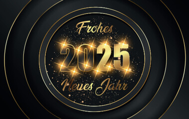 Karte oder Banner, um ein frohes neues Jahr 2025 in Gold und Schwarz zu wünschen, mit glitzernden Sternen in vier goldenen Kreisen auf schwarzem Hintergrund