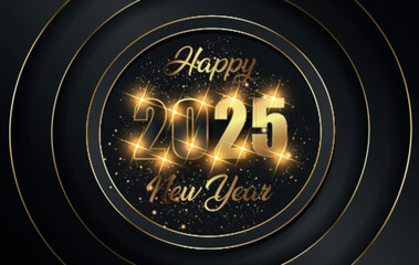 card or banner to wish a happy new year 2025 in gold and black with glittering stars in four gold circles on a black background