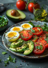 Healthy food. Avocado, eggs and tomatoes on a plate