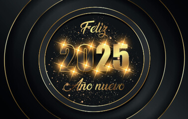 NY 2024 - 11 cercle or et noir - ALtarjeta o pancarta para desear un feliz año nuevo 2025 en dorado y negro con estrellas brillantes en cuatro círculos dorados sobre fondo negro