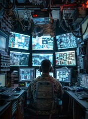Soldier using high-tech military equipment to monitor multiple screens