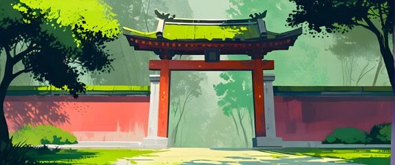 Entrance gate to Asian temple in lush maple forest, clever painterly style illustration with thick brush stroke texture. Illustration. Generative AI