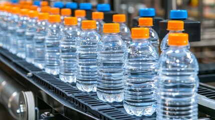 Beverage bottling line in clean factory producing bottled drinks in plastic containers