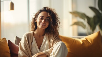 Portrait of a young woman with curly hair sitting on a couch and smiling