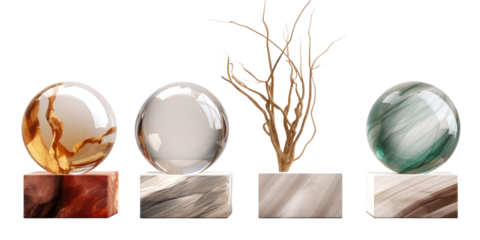 set of modern abstract decor sculpture in deferent materials for home or public area or reception decoration concepts isolated on a transparent background