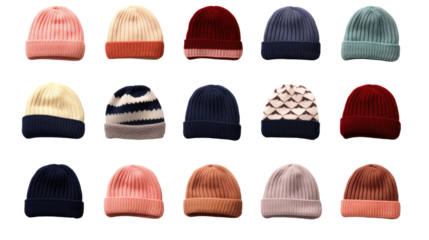 set of kids children and baby hat in different color styles, isolated on a white transparent background 