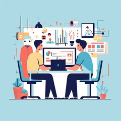 Two business people working together on a laptop in an office