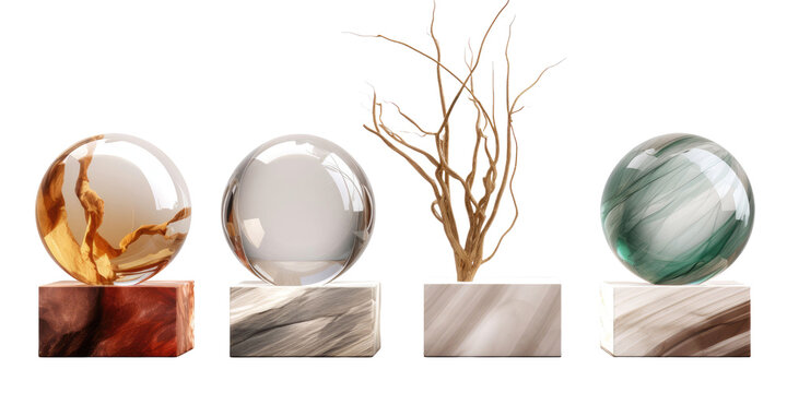 set of modern abstract decor sculpture in deferent materials for home or public area or reception decoration concepts isolated on a transparent background