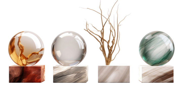 set of modern abstract decor sculpture in deferent materials for home or public area or reception decoration concepts isolated on a transparent background - Powered by Adobe