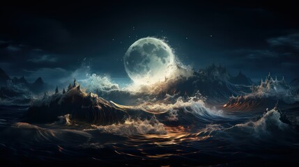 Fantasy landscape with mountains, sea and full moon