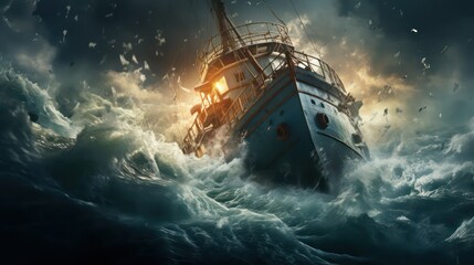 Fantasy scene with ship in stormy sea.