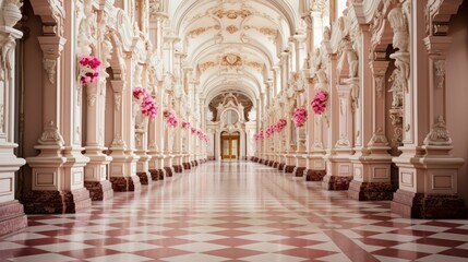 Pink flowers line the aisle of a grand hall
