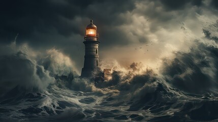 Lighthouse in stormy sea at dark weather